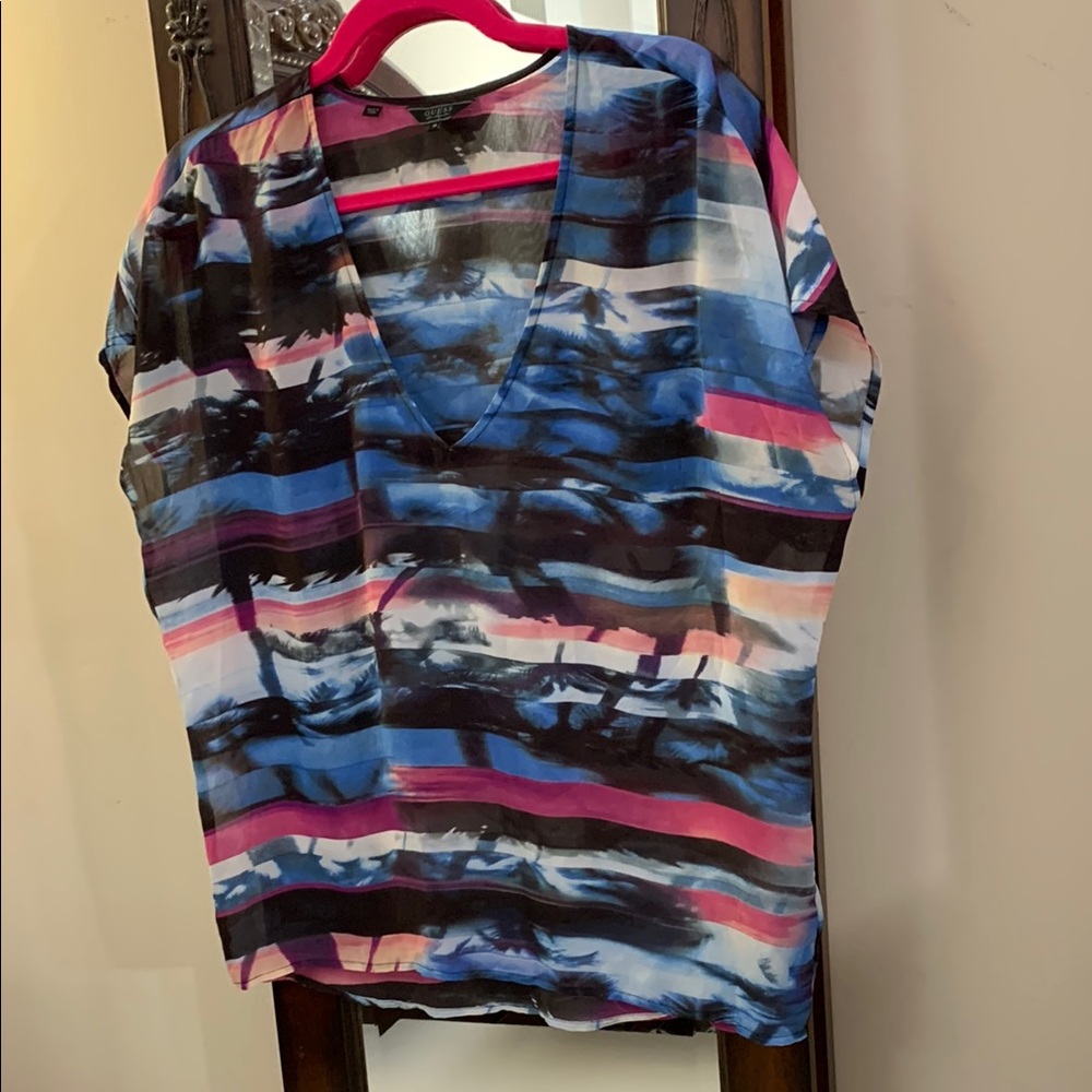 Guess Pink and Black V-Neck Blouse - Picture 2 of 10